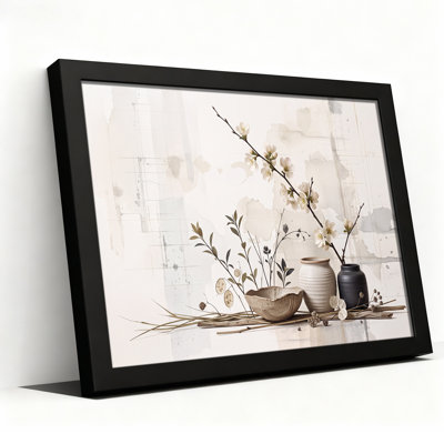 Art mural sur toile avec branches blanches en fleurs et vases en céramique