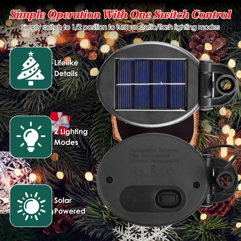 Remplisseuse d'urne pour arbre de Noël à énergie solaire avec 50 DEL blanc chaud, baies rouges, ornements décoratifs et 2 modes d'éclairage pour une décoration extérieure des Fêtes