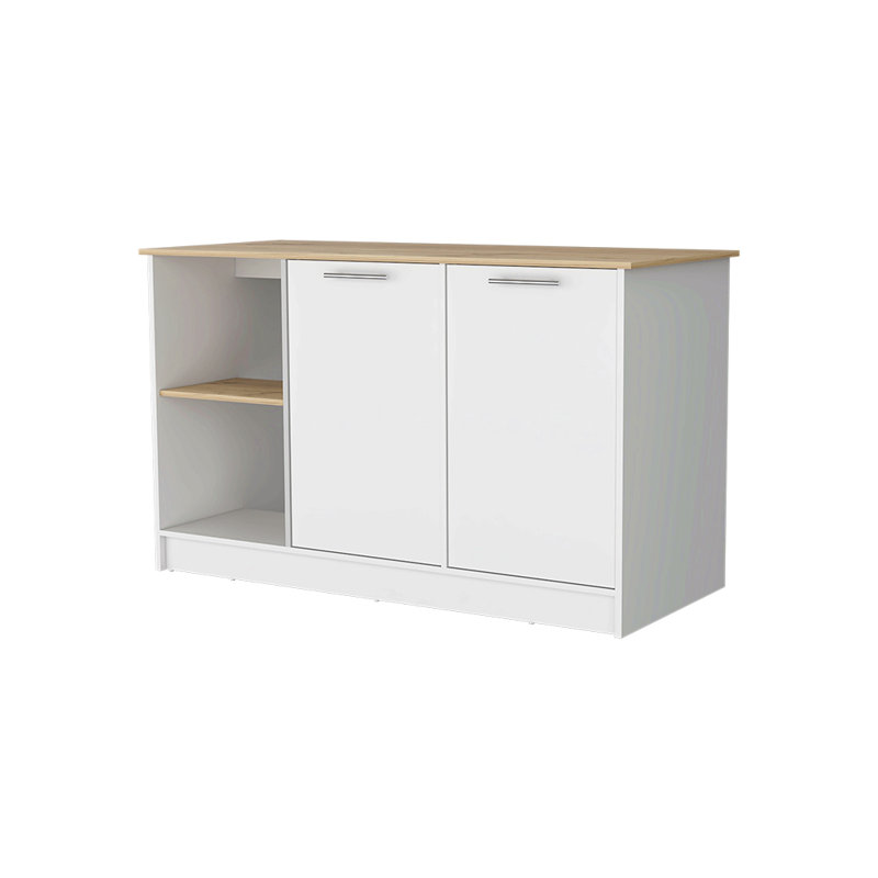 Kitchen Island With Spacious Countertop, Double Door Cabinets, And 2 Open Storage Shelves, White
