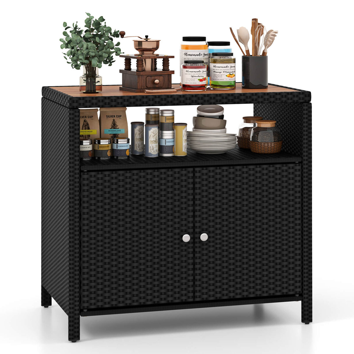 Latitude Run® Patio Storage Cabinet With Acacia Wood Countertop Open Shelf 2 Door Cabinet