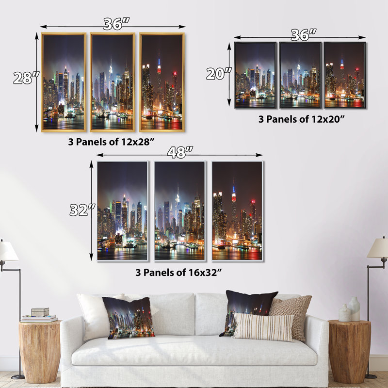 «Lit NYC Manhattan Skyline - Cityscape», ensemble d'art mural sur toile encadrée, H 32 po x l 48 po, Blanc