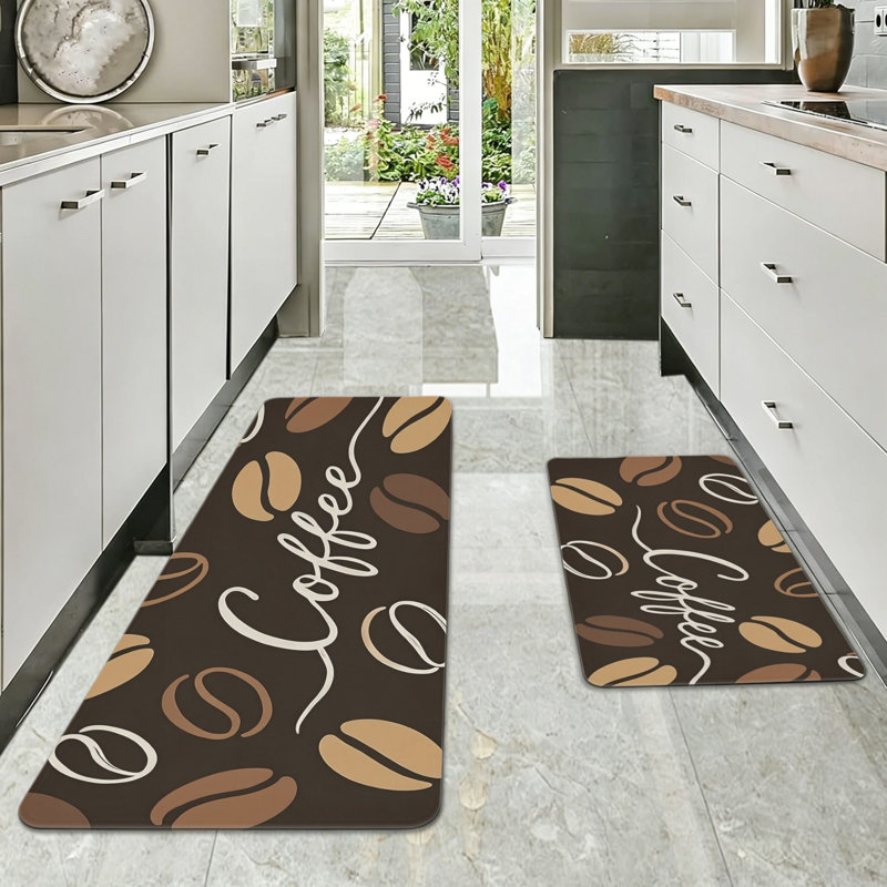 Ensemble de 2 tapis de cuisine à motif de grain de café, bar à café de cuisine, brun