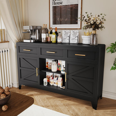 Buffet moderne en métal noir et blanc avec 2 portes et 3 tiroirs