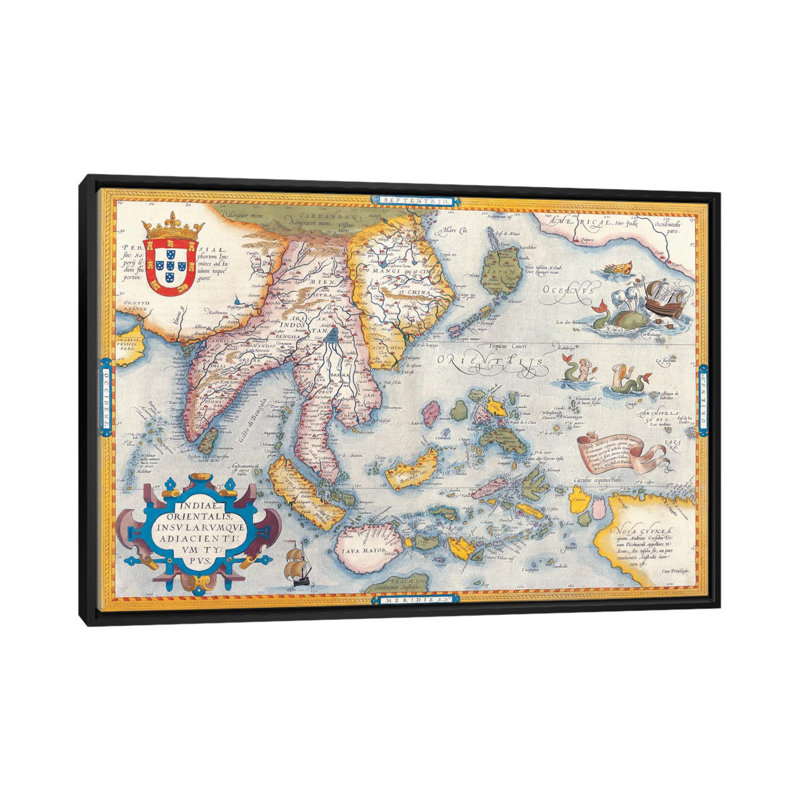 Antique Map East Asia, impression sur toile, H 18 po x l 26 po x P 1,5 po, Toile encadrée noire, Pas de tapis