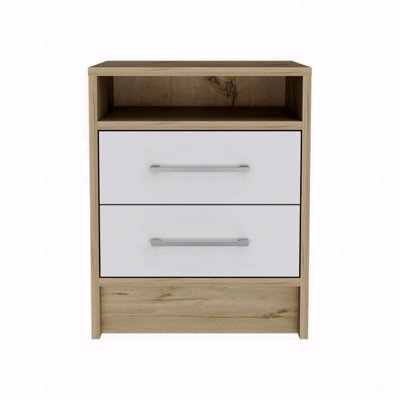 Nightstand, End Table, Side Table Superior Top, Two Drawers -In White / Light Oak