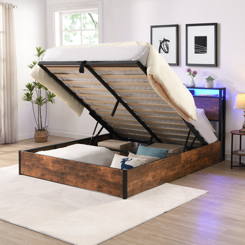 Lift-Up Storage Bed Frame, Size Bed Frame With Bookcase Headboard  LED Lights, Wooden Platform Bed Frame With Charging Station, No Spring Box Needed, Rustic Brown
