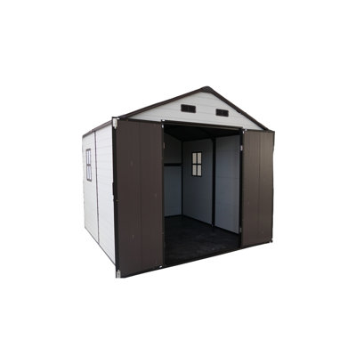 8x8 Ft Outdoor Storage Shed Of Resin, Aluminum Frame, Floor And Two Windows, Great For Lawn Mowers Garden Essentials, Antique Brown + White Spacious Resin With Natural Suitable Bicycles, &