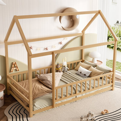 Twin Size Floor Wooden Bed With House Roof Frame