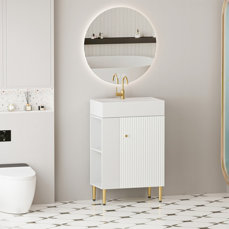 Meuble-lavabo à tablettes ouvertes de 21,6 po avec lavabo en céramique et porte à fermeture en douceur, parfait pour le rangement de vestiaire et le design moderne