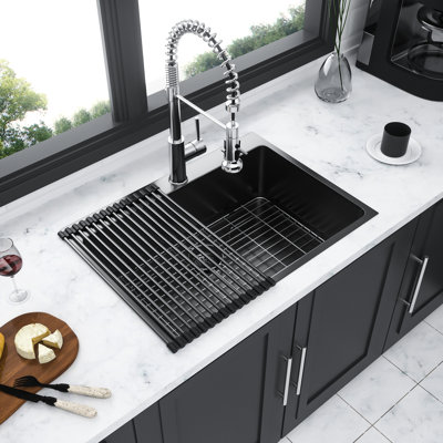Évier de cuisine 30 po x 22 po, acier inoxydable noir acier, calibre 16, encastré de 30 po, surface en acier inoxydable, drainage facile, capuchons de robinet décoratifs