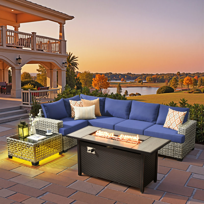 5-person  Outdoor Sectional With Cushions,led Coffee Table And Fire Pit,all-weather Wicker Patio Set, Navy