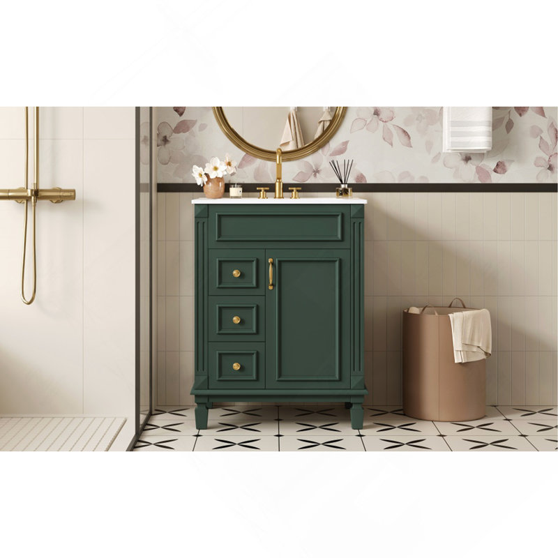 Meuble-lavabo 24 po avec lavabo en céramique, petite armoire de salle de bain moderne, 2 tiroirs et tablette réglable, Green