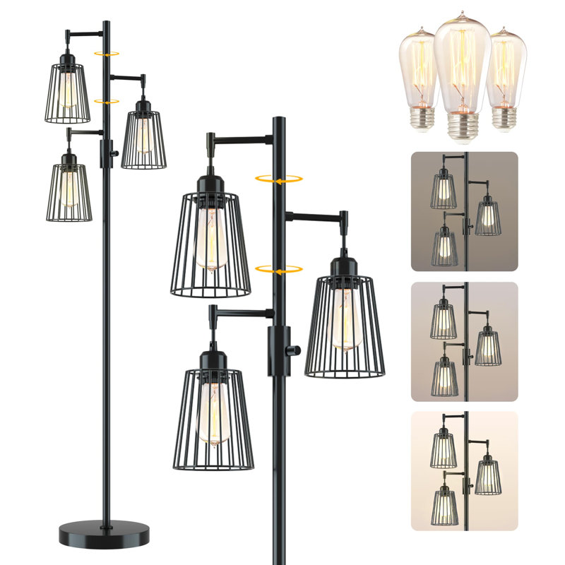 Castaldo Matte Black Industrial Floor Lamp With 3 Dimmable Edison LED Bulbs, Tall Standing Lamp For Living Room, Bedroom, Office