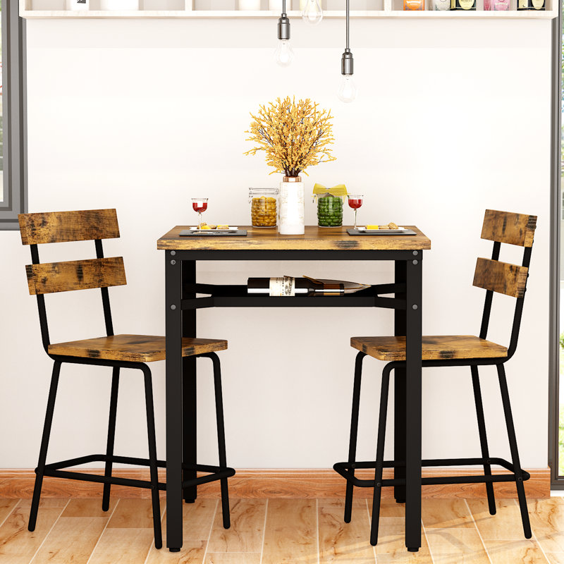 Ensemble de table de salle à manger à hauteur de comptoir avec 2 tabourets de bar, ensemble de table de coin-repas de style campagnard industriel avec support de rangement pour le vin sous la table, ensemble de salle à manger à hauteur de pub avec cadre en bois rétro pour petite cuisine et appartement