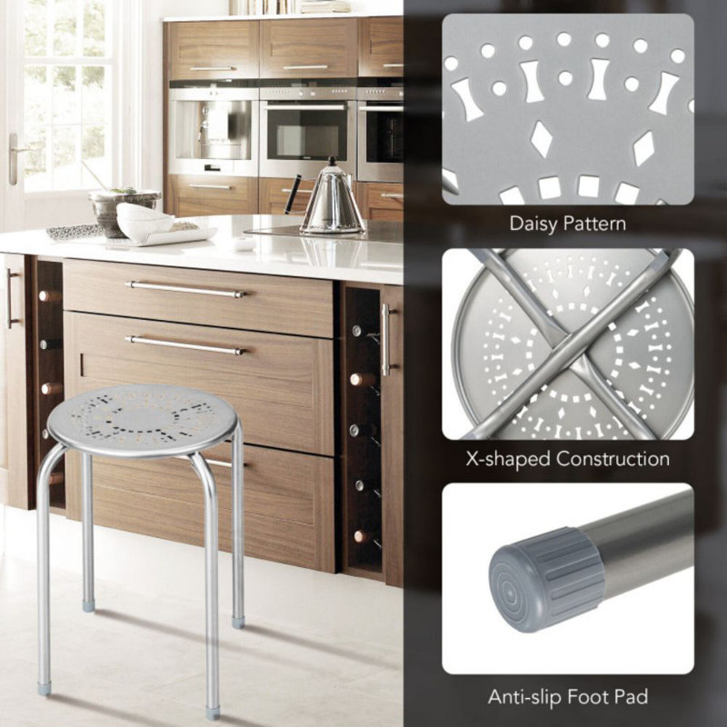 6-Pack Stackable Multifunctional Daisy Design Backless Round Metal Stool Set, Grey