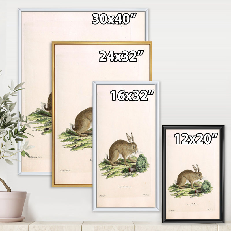 " Vintage Rabbits In Earth Tones " Painting Print, White Floater Frame, 32" H x 16" W x 1" D