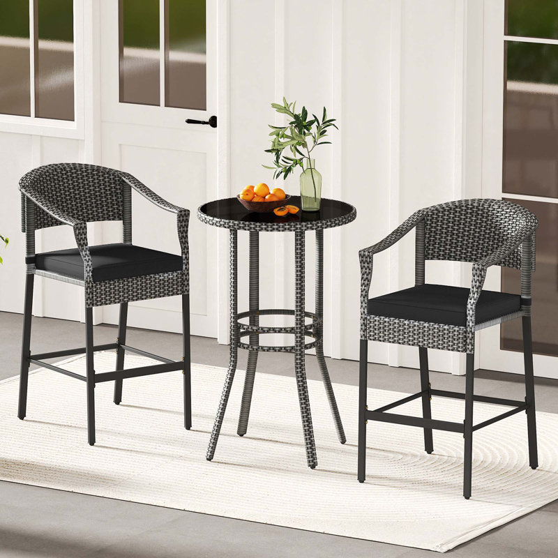 3-piece Patio Rattan Bar Set Wicker Bar Height Armchairs & Round Table