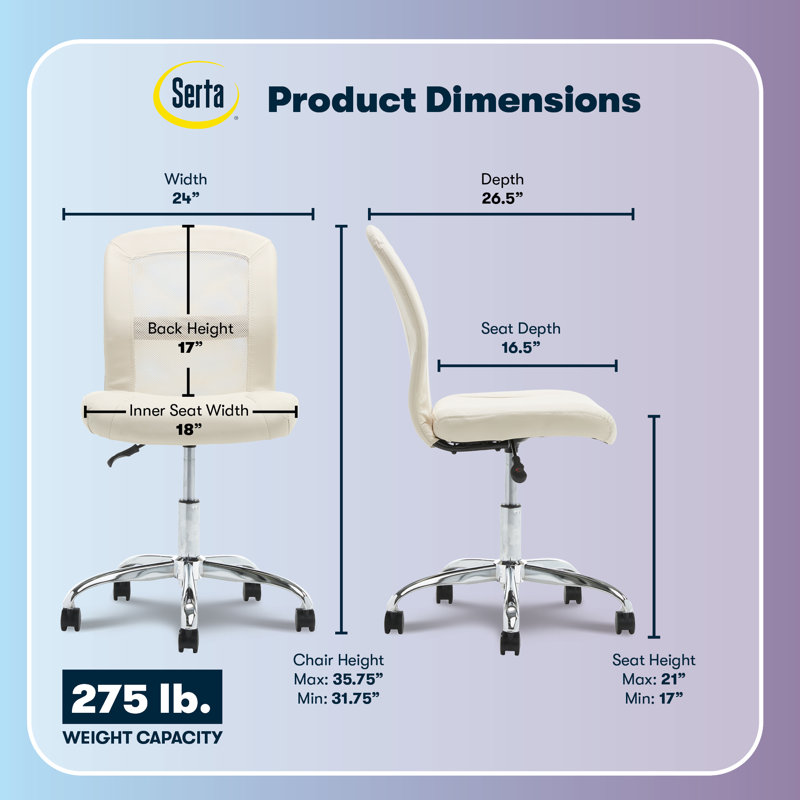 Serta Essential Armless Functional Task Chair with Breathable Mesh Back, Quality Foam Cushion Seat, Inspiration Cream