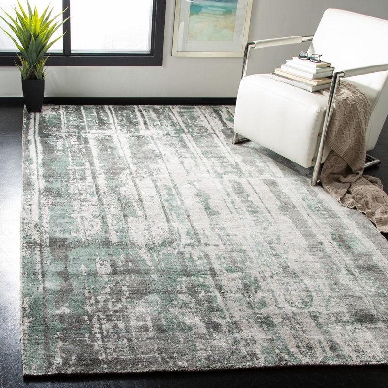 Tapis argenté tissé à plat à la main à motif abstrait Zowie, Rectangle 9 pi x 12 pi