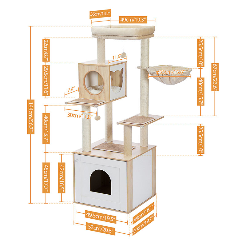 Arbre à chat de 56,7 po avec grand bac à litière, tour à chat en bois pour chats d'intérieur avec armoire de rangement, maisonnette confortable pour chat, poteau à griffes recouvert de sisal et boules suspendues remplaçables