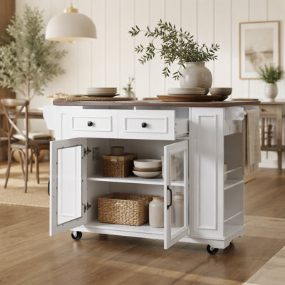54" Mobile Kitchen Island with Glass Door Storage, Power Outlet  Open Shelves, Rolling Kitchen Cart with Towel Rack, Spice Rack  Knife Holder, Funct