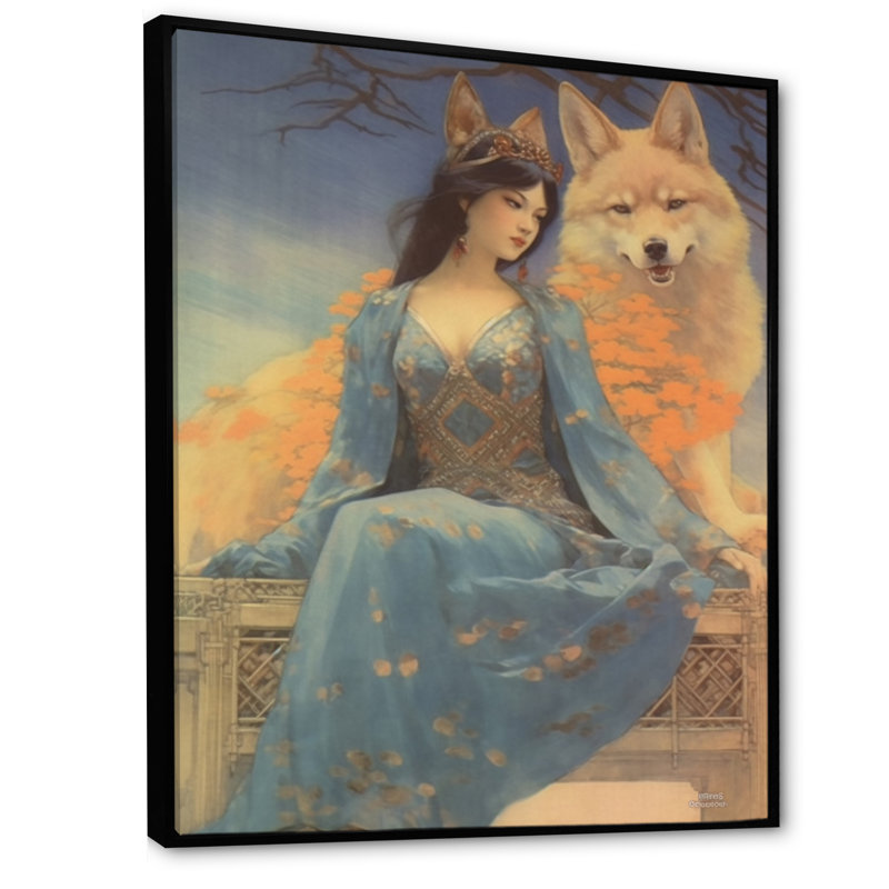 Cosmic Fox with Mystical Woman - reproduction sur toile, H 44 po x l 34 po x P 1,5 po, Cadre flottant noir