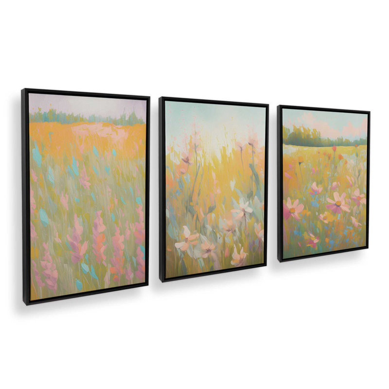 Ensemble de 3 symphonie de prés pastel, H 19 po x l 39 po, Cadre flottant noir satiné