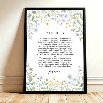 Psalm 23 Framed by Floral Watercolor, Framed Canvas Wall Art, Gold Frame, 20 x 30 Inch