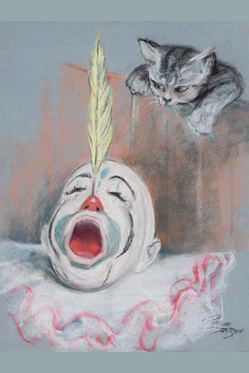 Clown avec chat-imprimé, H 42 po x l 28 po x P 1,5 po