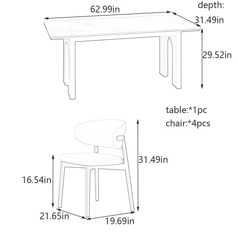 Ensemble de table et de chaises élégantes, H 29,52 po x l 31,49 po x L 62,99 po
