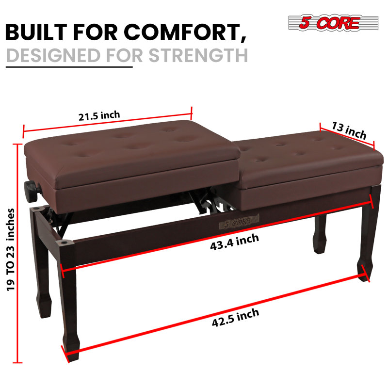5 Core Duet Piano Bench 3.5 Inch Padded Cushioned Stool Wooden Heavy Duty Musician Chair w Storage, Brown