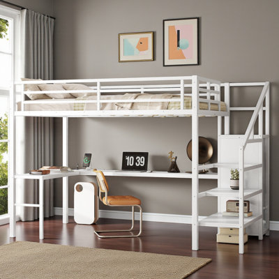 Metal Loft Bed With Built-In-Desk And Charging Station