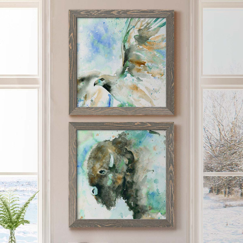 Hawk On Blue - Ensemble de 2 peintures sur toiles, Toile avec cadre gris, H 20 po x l 40 po x P 1,5 po