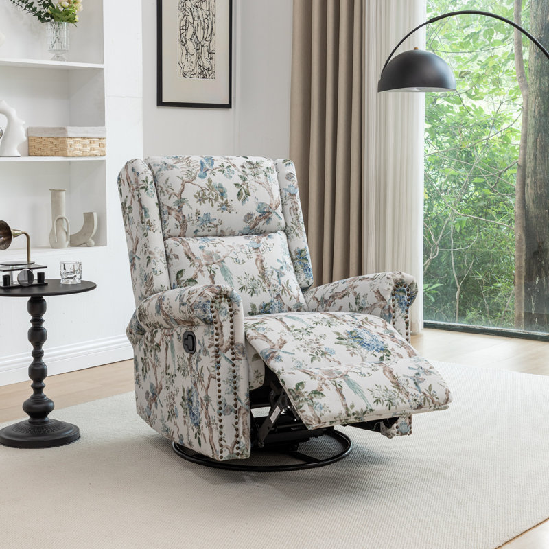 Jaq Upholstered Swivel Recliner, Brown/Blue Floral Linen