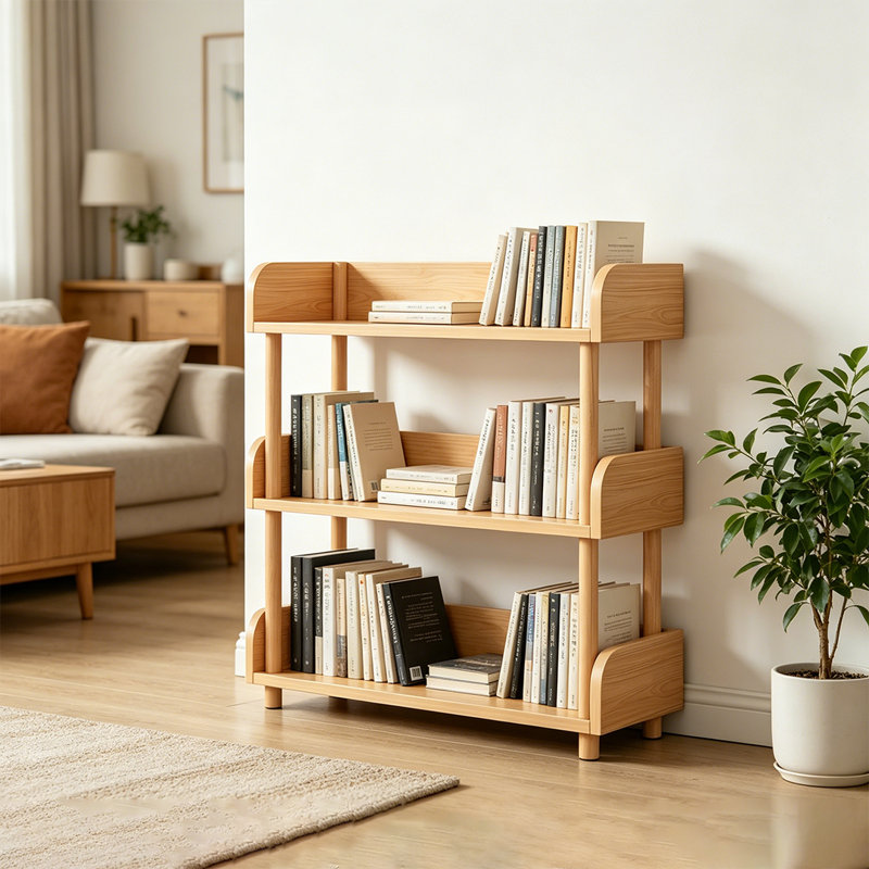 Bibliothèque moderne en bois ouverte, bibliothèque à 3 niveaux avec rebord supérieur et structure en bois massif