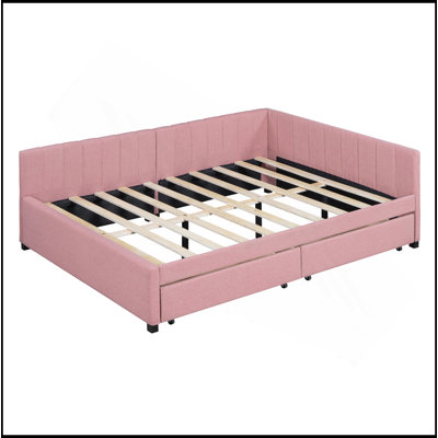 Full Size Upholstered Daybed With 2 Storage Drawers Sofa Bed Frame No Box Spring Needed, Linen Fabric