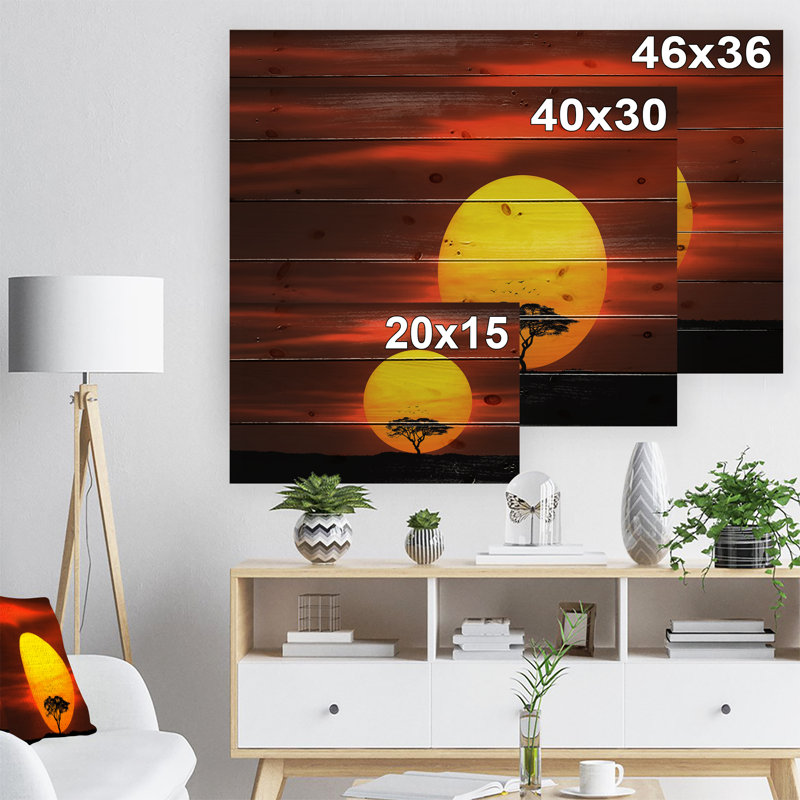 «Lonely Tree with Birds at Sunset», art graphique, H 15 po x l 20 po x p 1 po, Bois
