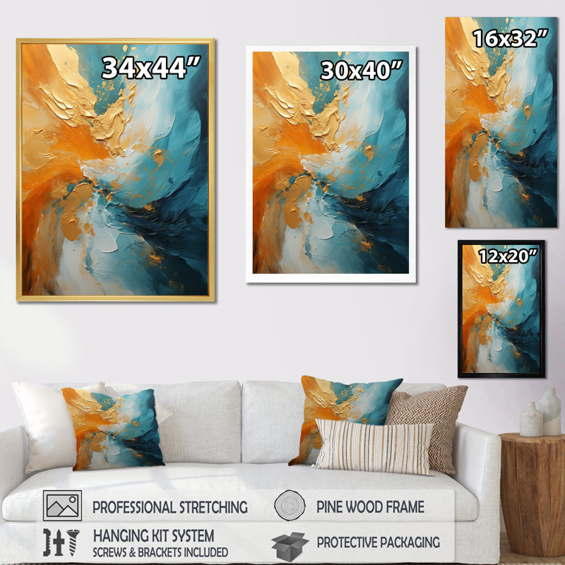 «Gold Turquoise Desert Mirage Spiral V», reproduction sur toile, H 32 po x l 24 po, Cadre flottant doré