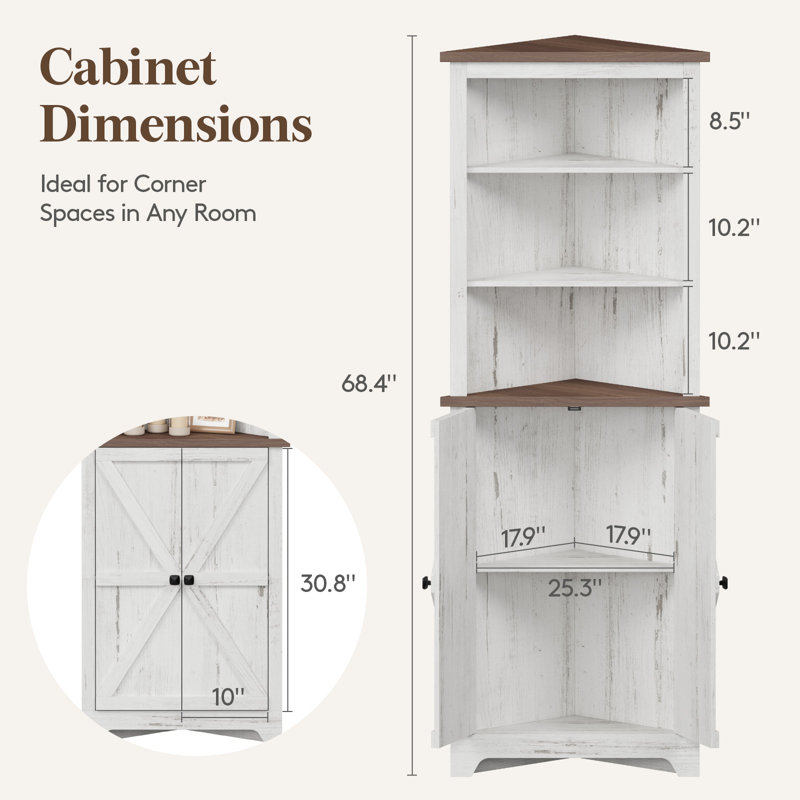 Rustic White Tall Corner Cabinet with Adjustable Shelves