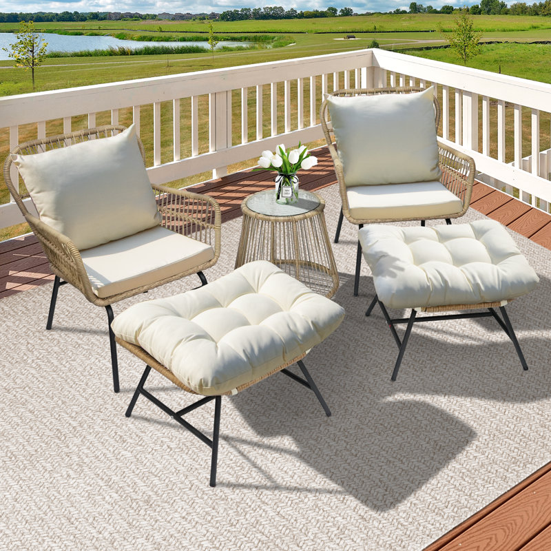 5 Piece Outdoor Wicker Boho Patio Conversation Set with Ottomans and Side Table