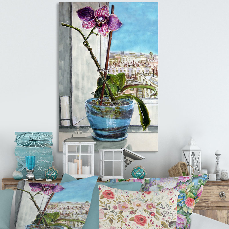 Orchidée fleurie mauve en pot - décoration murale traditionnelle en toile