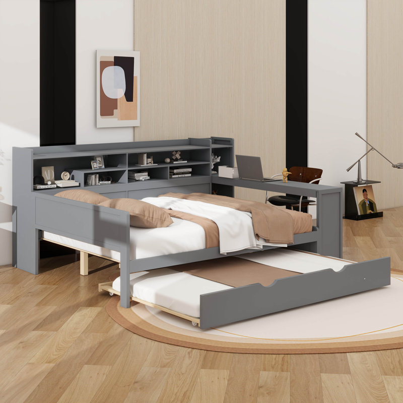 Lit de jour en bois avec tablettes de rangement, lit polyvalent avec lit gigogne escamotable et bureau d'étude intégré