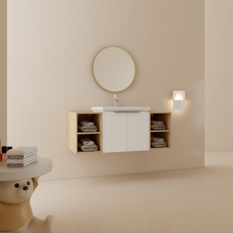 Meuble-lavabo de 48 po avec portes à fermeture douce, lavabo en céramique et deux petites tablettes de rangement, CVC07448WHLTK