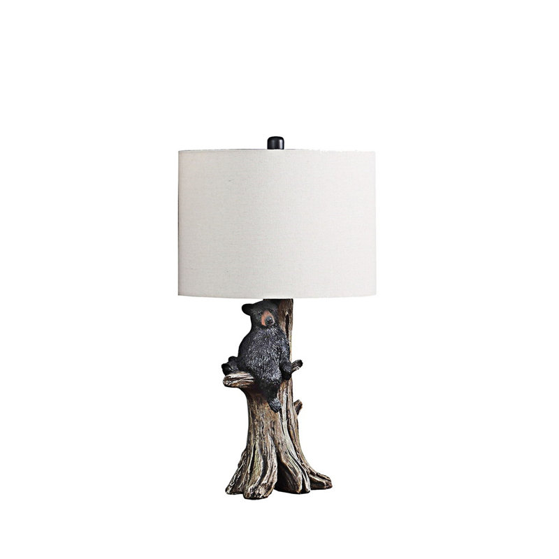Lampe de table rustique en polyrésine avec base en forme d'ours noir et d'arbre, abat-jour en lin beige