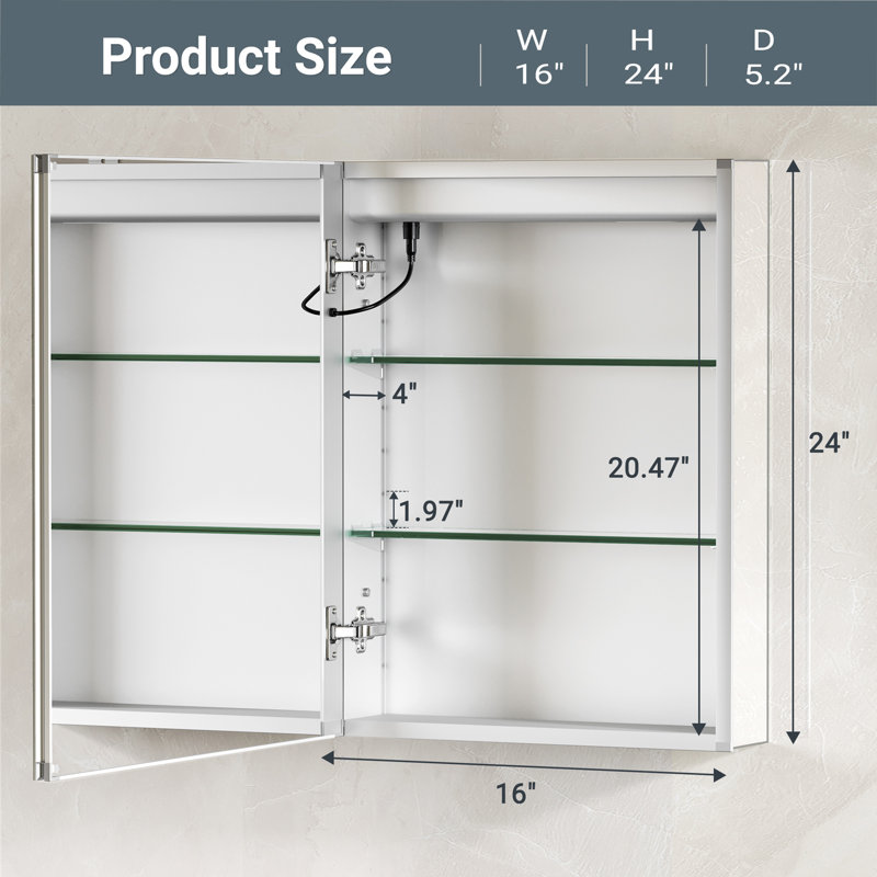 Armoire à pharmacie éclairée à DEL encastrée ou à fixation en surface avec miroir et 2 tablettes réglables Hilvert, à intensité variable