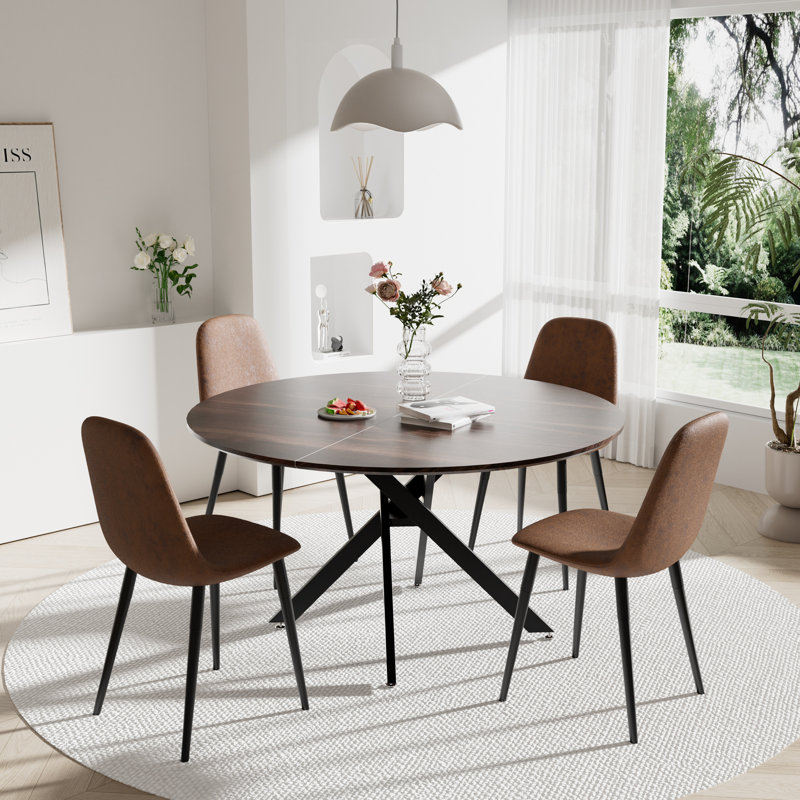 47in Round Dining Table Set for 4-6 Person, 5, Brown