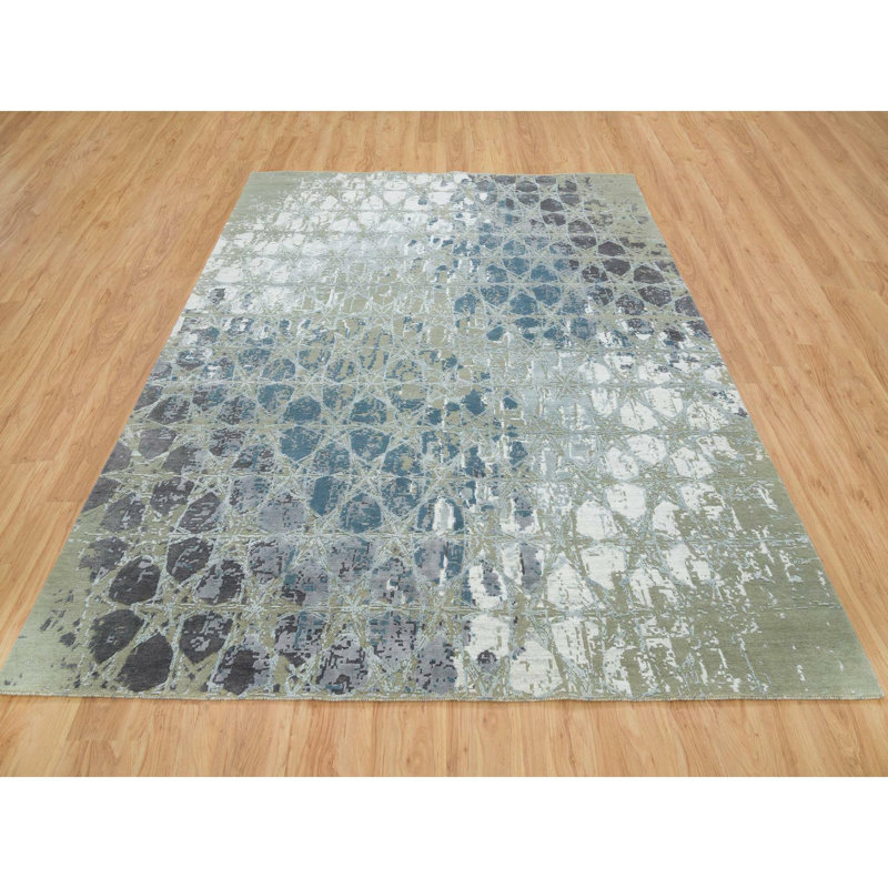 Tapis noué à la main 8 pi x 9 pi 10 po gris et bleu en laine et soie