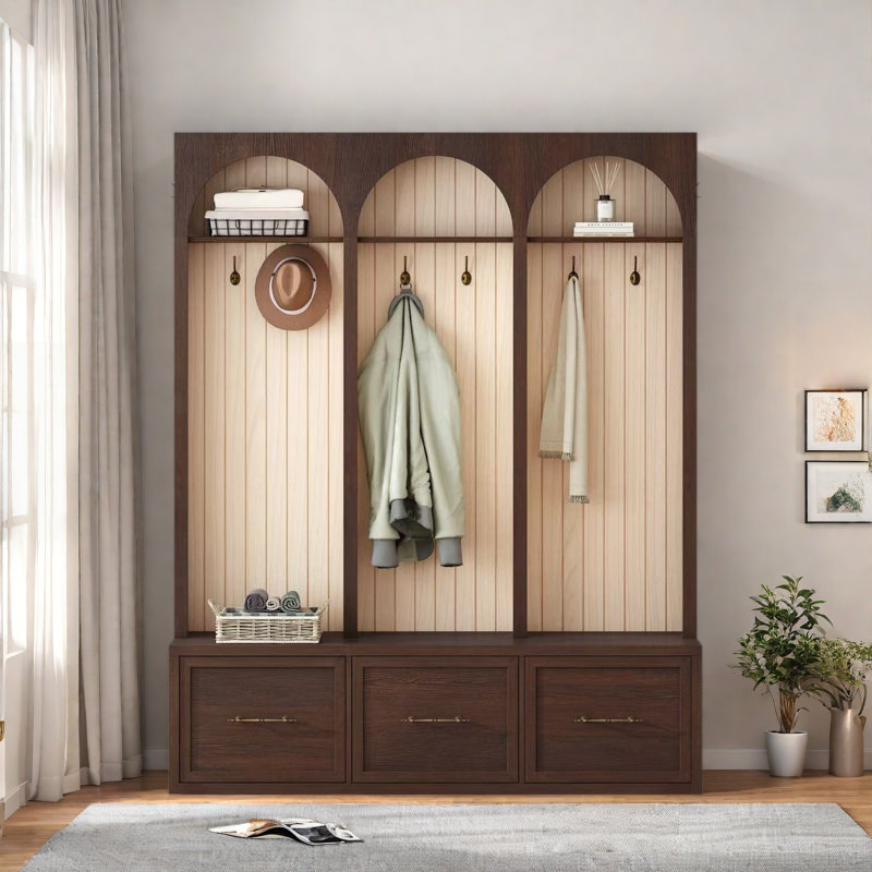 Farmhouse Wooden Style Hall Tree With Arched Design, Bench, 8 Retro Hooks, And 3 Drawers, Dark Walnut