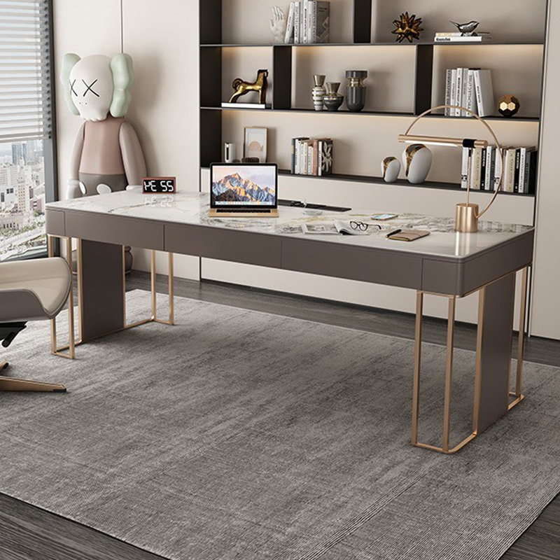 Bureau blanc à 3 tiroirs blanc + gris + pierre rectangulaire dorée + bois manufacturé + métal