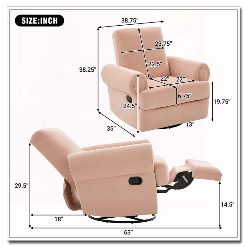 Manual Recliner Sofa Swivel Recliner Rocker Chair, Pink